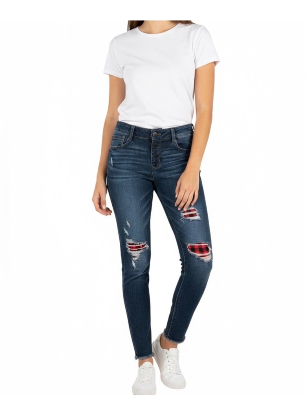 Imperial Star Girls NWOT Plaid Distressed Skinny Jeans Size 14 Adjust Waist NWOT